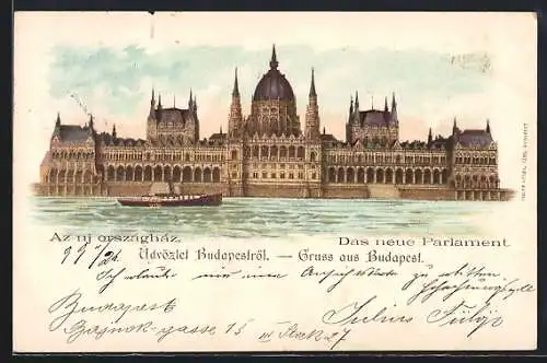 Lithographie Budapest, Az uj orszaghaz, das neue Parlament