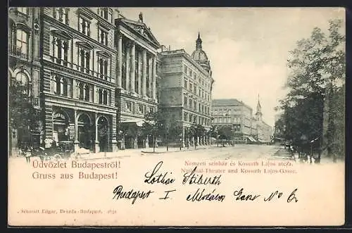 AK Budapest, National-Theater und Kossuth Lajos-Gasse