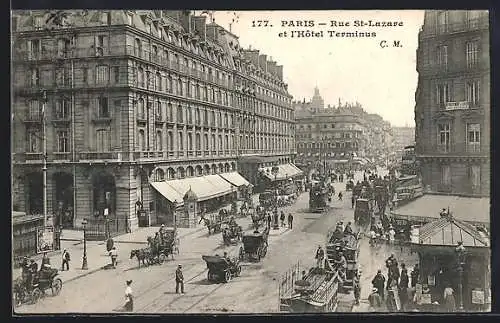 AK Paris, Rue St-Lazare et hôtel Terminus, Pferdebus, Pferdekutschen