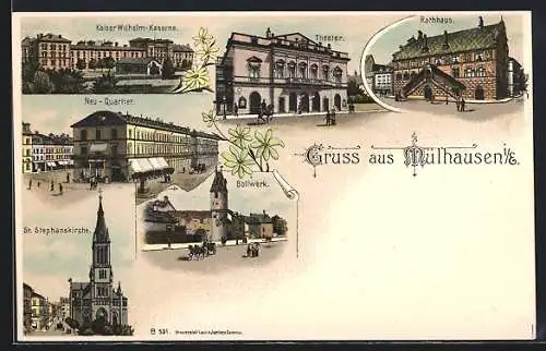 Lithographie Mülhausen, Kaiser Wilhelm-Kaserne, Bollwerk, Neu-Quartier, Theater