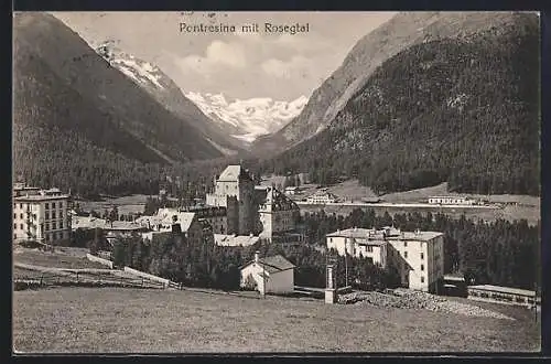 AK Pontresina, Ortspanorama mit Rosegtal