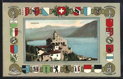 AK Locarno, Madonna del Sasso, Telldenkmal, Winkelrieddenkmal, Wappen