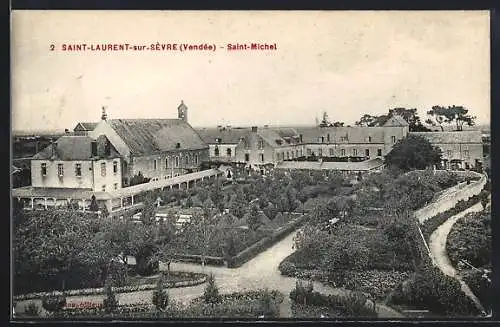 AK Saint-Laurent-sur-Sèvre, Vue du complexe Saint-Michel et des jardins environnants