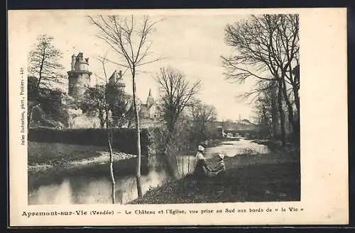 AK Apremont-sur-Vie, Le Château et l`Église, vue prise au Sud aux bords de la Vie