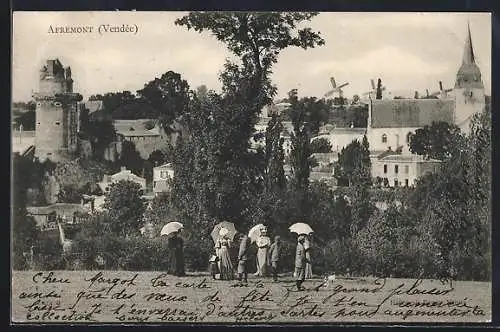 AK Apremont, Vue du village avec moulin et promeneurs sous parapluies