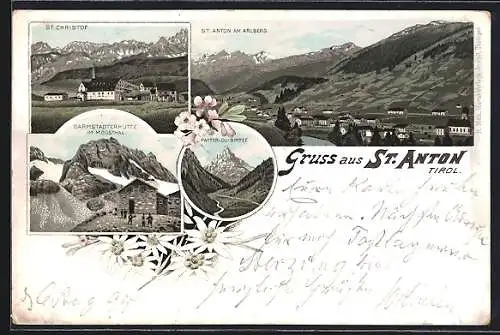 Vorläufer-Lithographie St. Anton /Tirol, 1895, Darmstadterhütte im Moosthal, Patteriol-Spitze, St. Christof