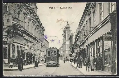 AK Pécs, Király-utca, Strassenbahn