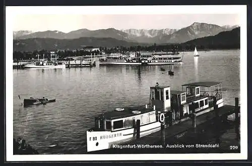 AK Klagenfurt am Wörthersee, Ausblick vom Strandcafe, Dampfer Hülgerth