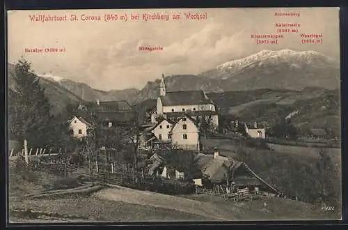 AK St. Corona, Panorama mit Wallfahrtskirche, Raxalpe & Waxriegel