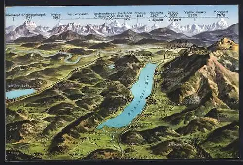 AK Steindorf, Ossiacher-See mit Bodensdorf, Unterberg und Feldkirchen, Bergpanorama mit Karawanken, Mangart und Triglav