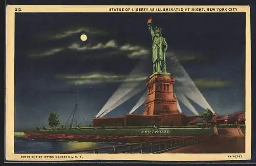 AK New York City, Statue of Liberty as illuminated at Night