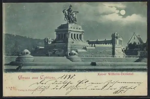 Mondschein-AK Coblenz, Kaiser Wilhelm-Denkmal