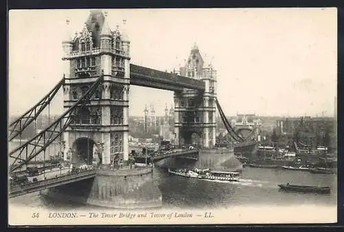 AK London, The Tower Bridge and Tower of London, Dampfer