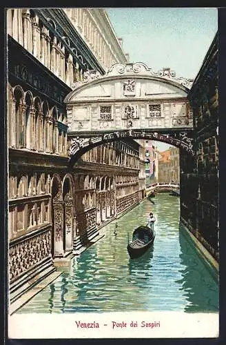 Lithographie Venedig / Venezia, Ponte dei Sospiri, Kanalpartie mit Seufzerbrücke