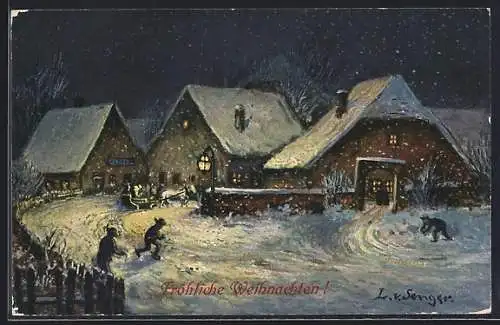 Künstler-AK Theo Stroefer Serie Nr.996: Fröhliche Weihnachten-Dorfpartie bei Nacht im Schnee