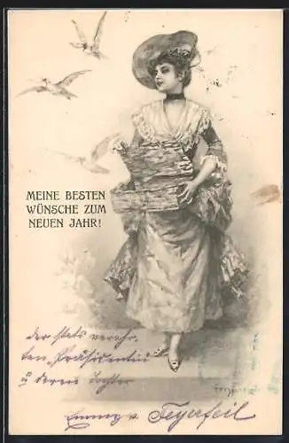 Künstler-AK Theo Stroefer Serie Nr.12: Hübsch gekleidete junge Frau entlässt Tauben aus einem Kästchen
