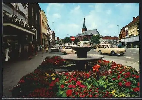 AK Geldern, Cafe und Brunnnen am Markt mit Blick zur St. Maria Magdalena-Kirche