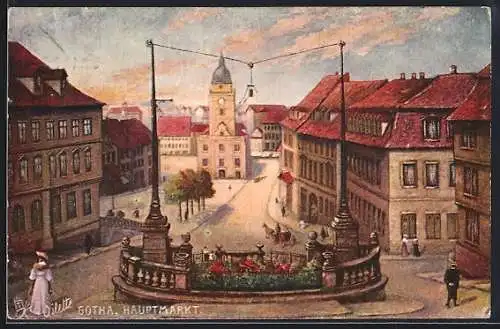 Künstler-AK Gotha, Hauptmarkt mit Rathaus