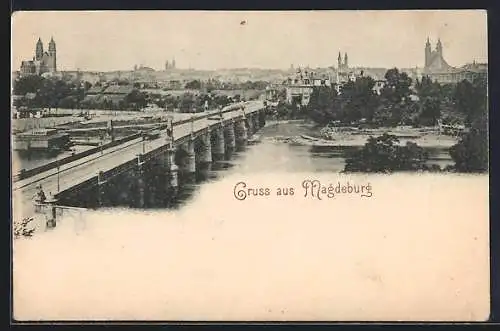 AK Magdeburg, Teilansicht mit Kirche und Brücke