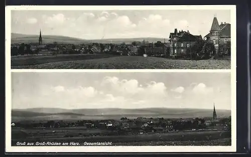 AK Gross-Rhüden am Harz, Gesamtansicht mit Bahn, Panorama