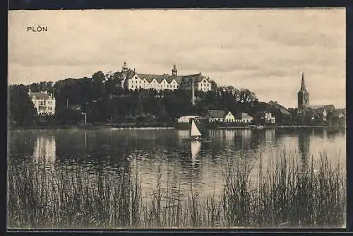 AK Plön, Uferpartie mit Schloss