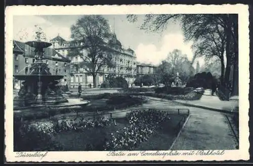 AK Düsseldorf, Brunnen am Corneliusplatz mit Parkhotel