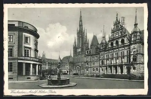 AK Wiesbaden, Platz mit Brunnen