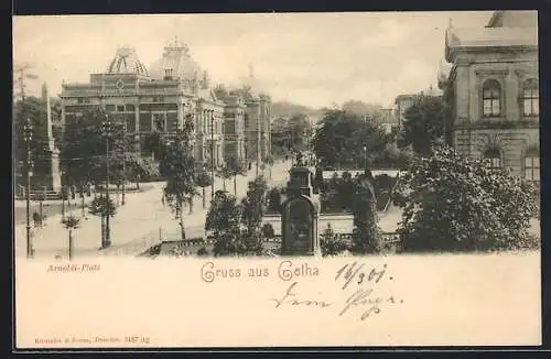 AK Gotha, am Denkmal auf dem Arnoldi Platz