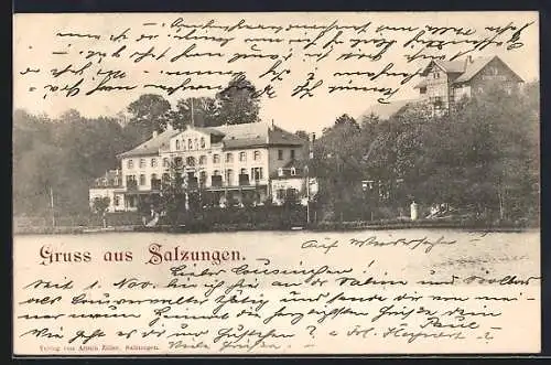 AK Salzungen, Kurhaus und Hotel mit Uferpartie