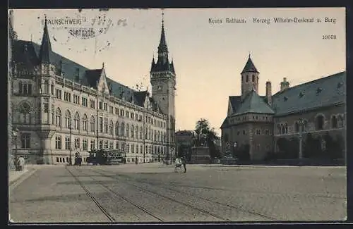 AK Braunschweig, Neues Rathaus und Herzog Wilhelm-Denkmal mit Strassenbahn