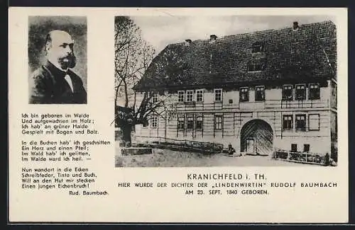 AK Kranichfeld, Geburtshaus Rudolf Baumbach, Portrait