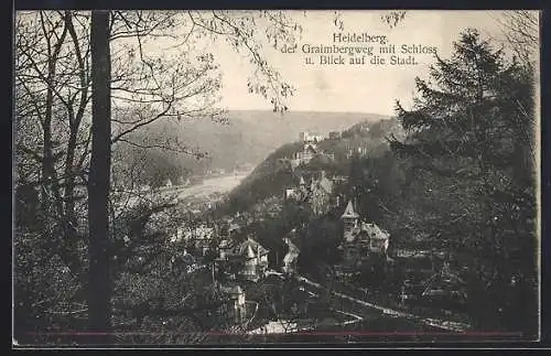 AK Heidelberg, Graimbergweg mit Schloss und Blick auf den Ort