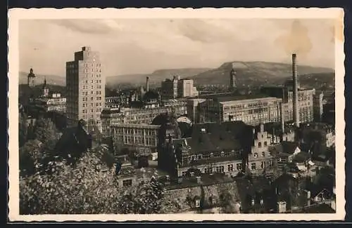 AK Jena, Zeisswerke, Hochhausneubau und Blick auf den Jenzig