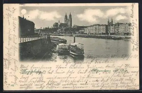 AK Magdeburg, Elbpanorama mit Dom bei Mondschein