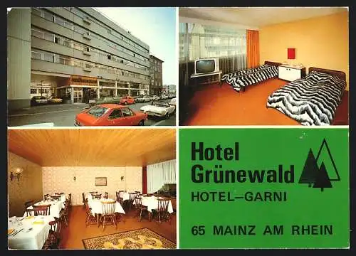 AK Mainz, Hotel-Garni Grünewald mit Speisesaal und Gastzimmer