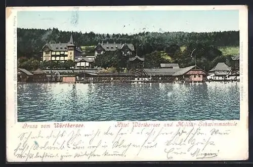 AK Klagenfurt, Blick auf Hotel Wörthersee und Militär-Schwimmschule