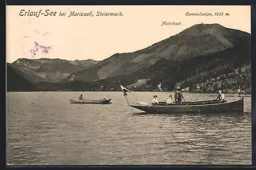 AK Mariazell am Erlauf-See, Motorboot auf dem See und Gemeindealpe