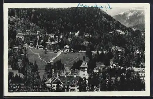 AK Semmering, Hotel Erzherzog Johann und Panhans mit Schneeberg