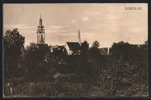 AK Sobeslav, Teilansicht mit Kirchen