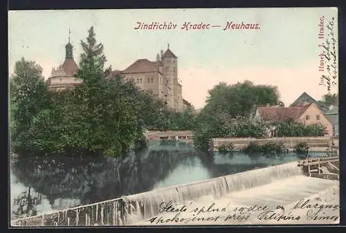 AK Jindrichuv Hradec /Neuhaus, Blick vom Wehr zum Schloss