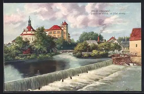 Künstler-AK Neuhaus / Jindrichuv Hradec, das Schloss vom Wasserlauf aus gesehen