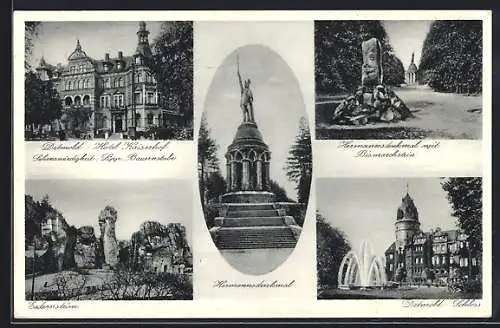 AK Detmold, Hermannsdenkmal, Hotel Kaiserhof und Schloss