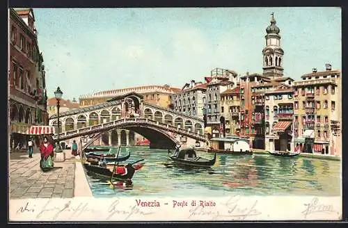 Künstler-AK Venezia, Ponte di Rialto, Gondeln am Ufer