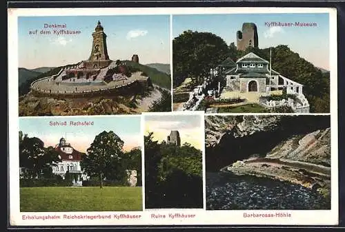 AK Kyffhäuser, Denkmal Kyffhäuser, Schloss Rathsfeld, Kyffhäuser-Museum, Barbarossa-Höhle, Ruine Kyffhäuser