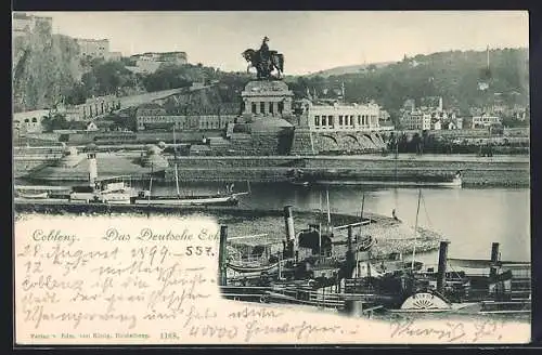 AK Koblenz, Deutsches Eck, Schiffsverkehr am Kaiser Wilhelm-Denkmal