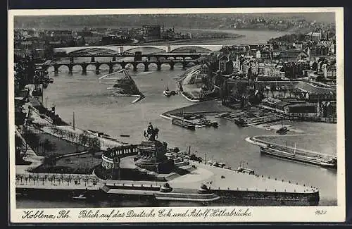 AK Koblenz a. Rhein, Blick auf das deutsche Eck und brücke