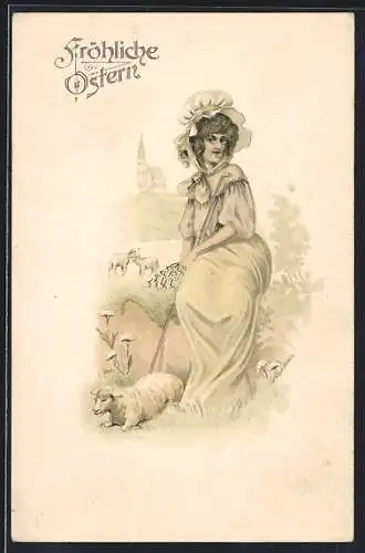 Künstler-AK Brüder Kohn (B.K.W.I) Nr.4533-2: Elegant gekleidete junge Frau mit einem Schaf zu Ostern