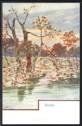 Künstler-AK Brüder Kohn (B.K.W.I) Nr.729-3: Herbststimmung am Wasser mit Brücke