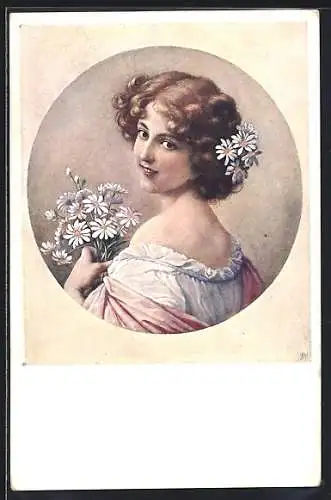 Künstler-AK Brüder Kohn (B.K.W.I) Nr.461-6: Junge Frau mit einem Blumenstrauss und Blumen im Haar