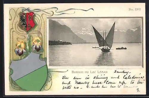 Passepartout-Lithographie Lac Léman, Barque, Segelboot, Wappen